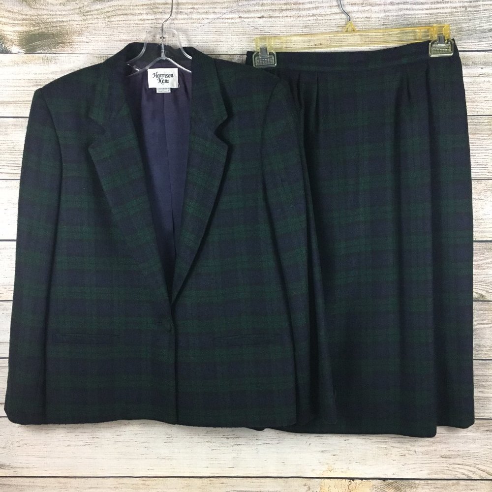 Harrison Kent Plaid Wool Blend Blazer Skirt Suit Vintage
